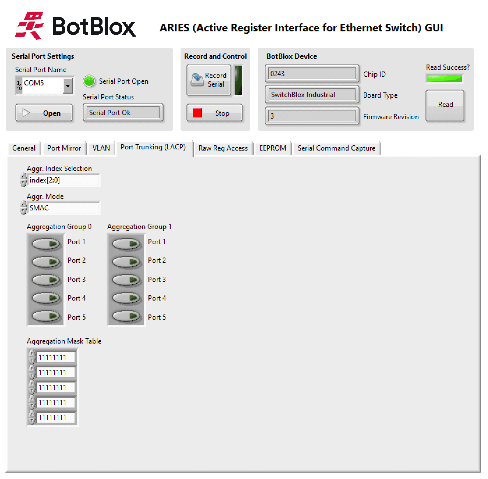 ARIES Port Trunking (LACP) tab: aggregation group selection and aggregation mask table