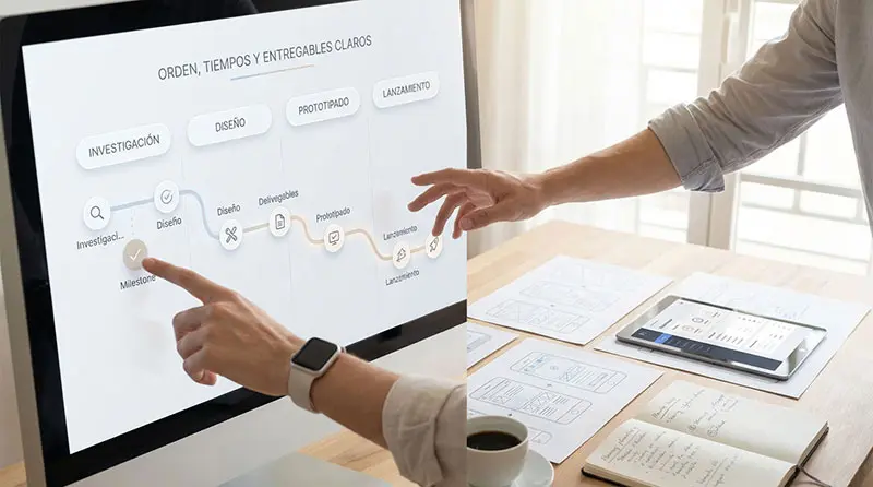Composición visual que integra el diseño UX y la gestión de proyectos; se observa un monitor mostrando un cronograma estratégico con la ruta crítica y los hitos clave (milestones) para asegurar la entrega exitosa del producto.