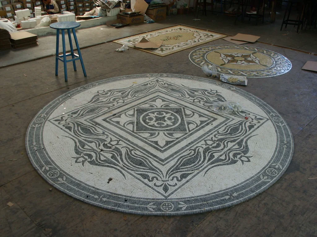 Diamond Rosette mosaic pool medallion, Grey and white marble, hand-cut stone — reference M-12, Mosaiclegs Art Studio