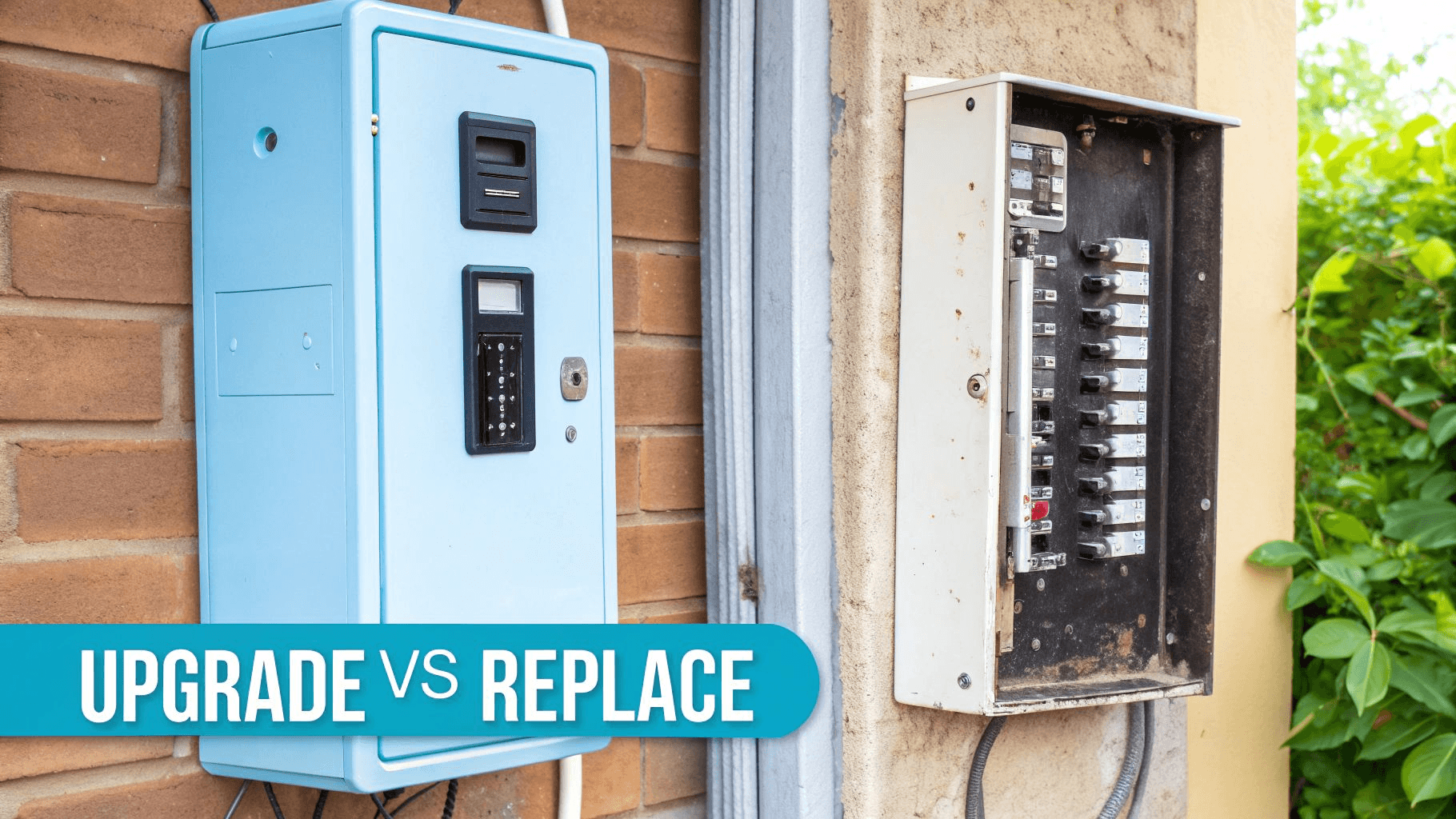 two electrical panels side by side with the text 'upgrade vs replace' in the bottom left corner