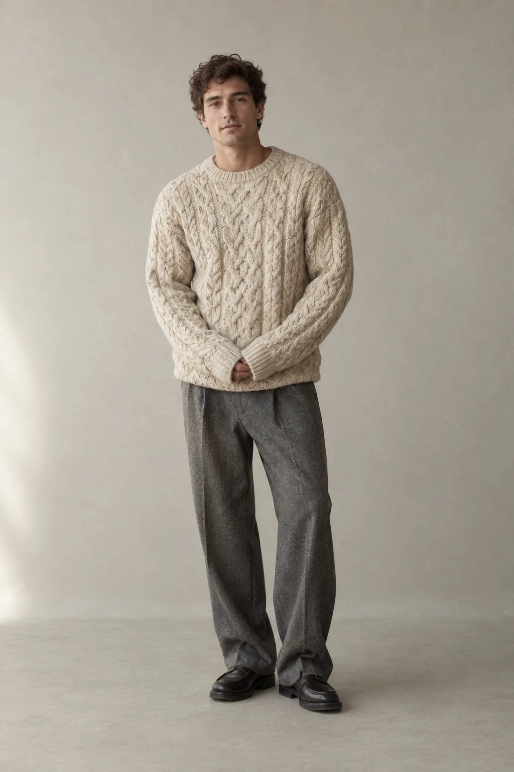 Man in an oatmeal cable knit sweater