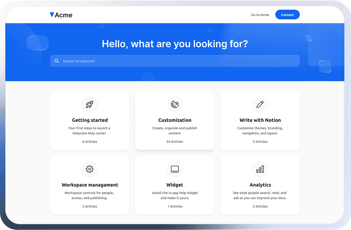 Helpview Notion based help center in light theme with searchable categories and documentation layout.