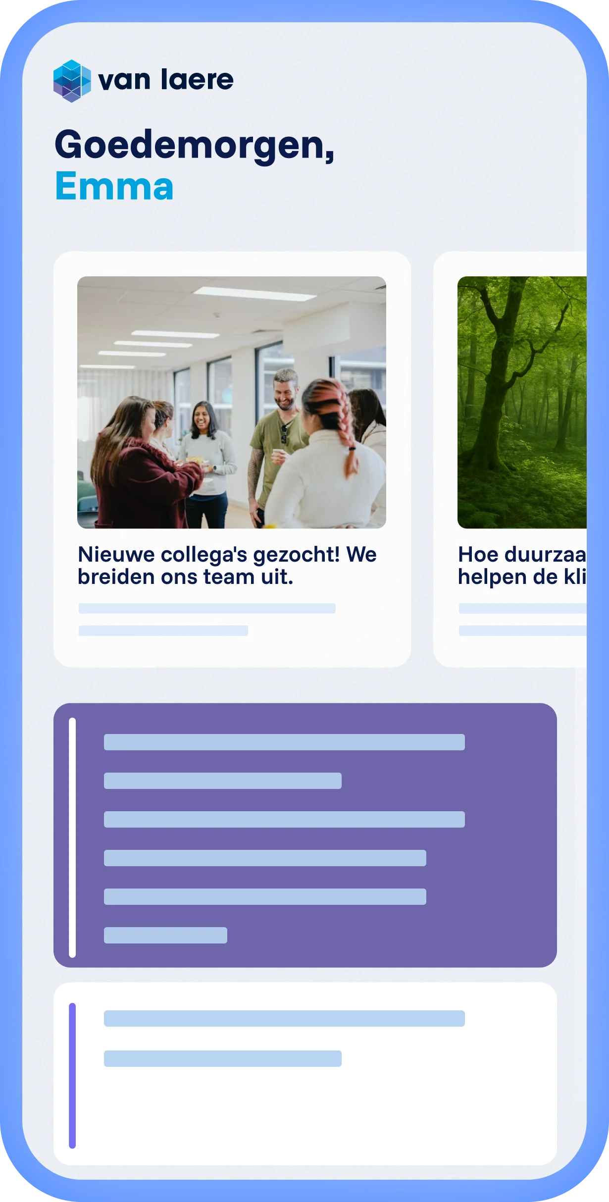 Spencer platform met lokale ervaring en eigen Van Laere branding, gepersonaliseerde feed met artikelen en overzichtelijke layout
