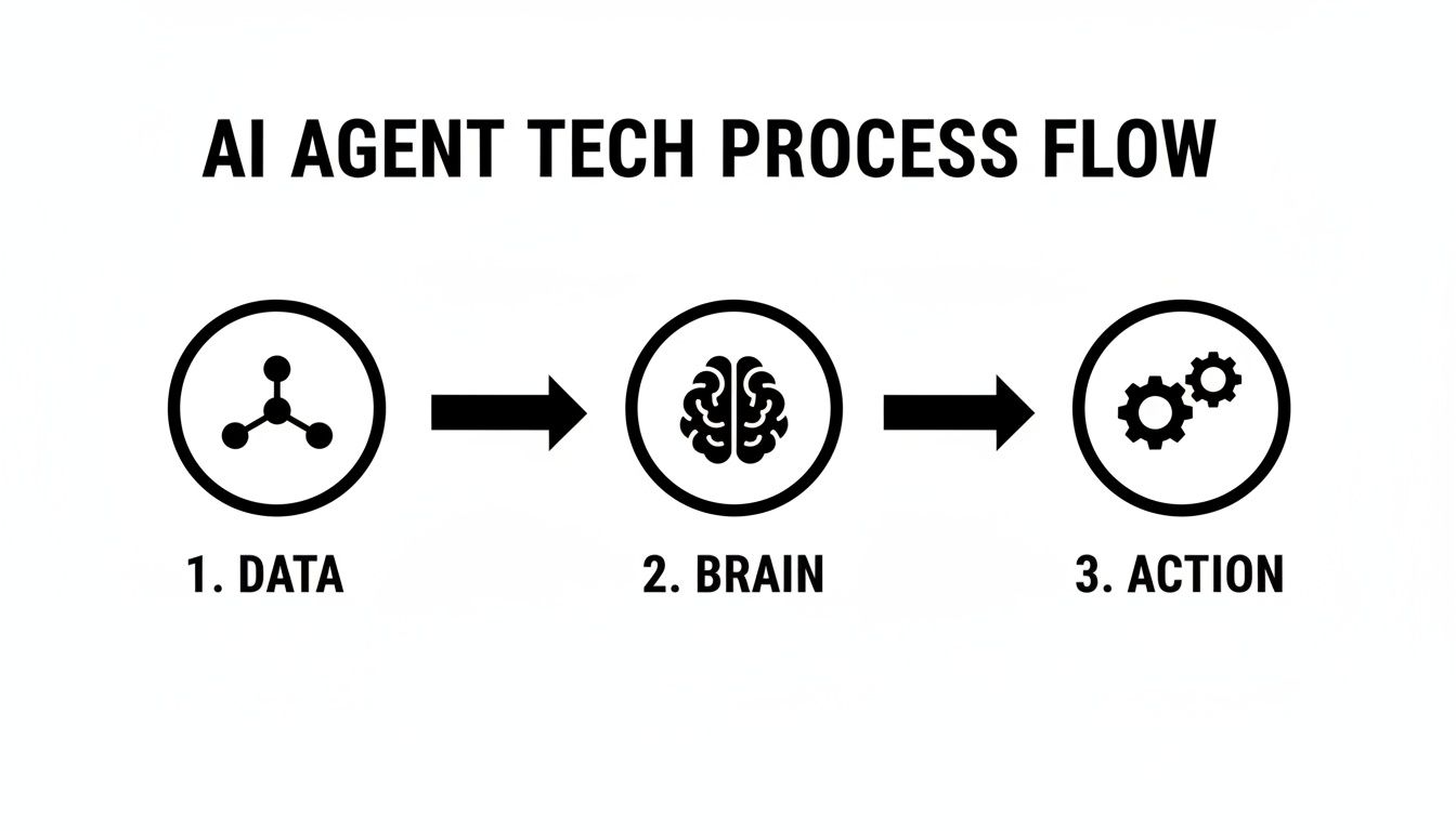 Flowchart illustrating the AI agent tech process flow: data input, brain processing, and subsequent action.