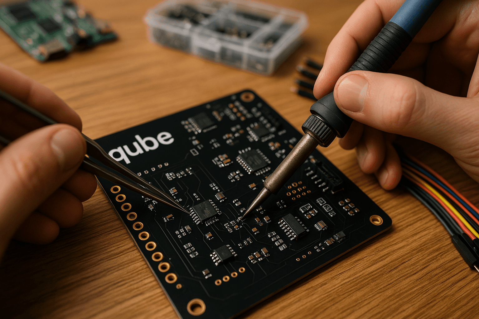 An image of a person soldering components to a circuit board.