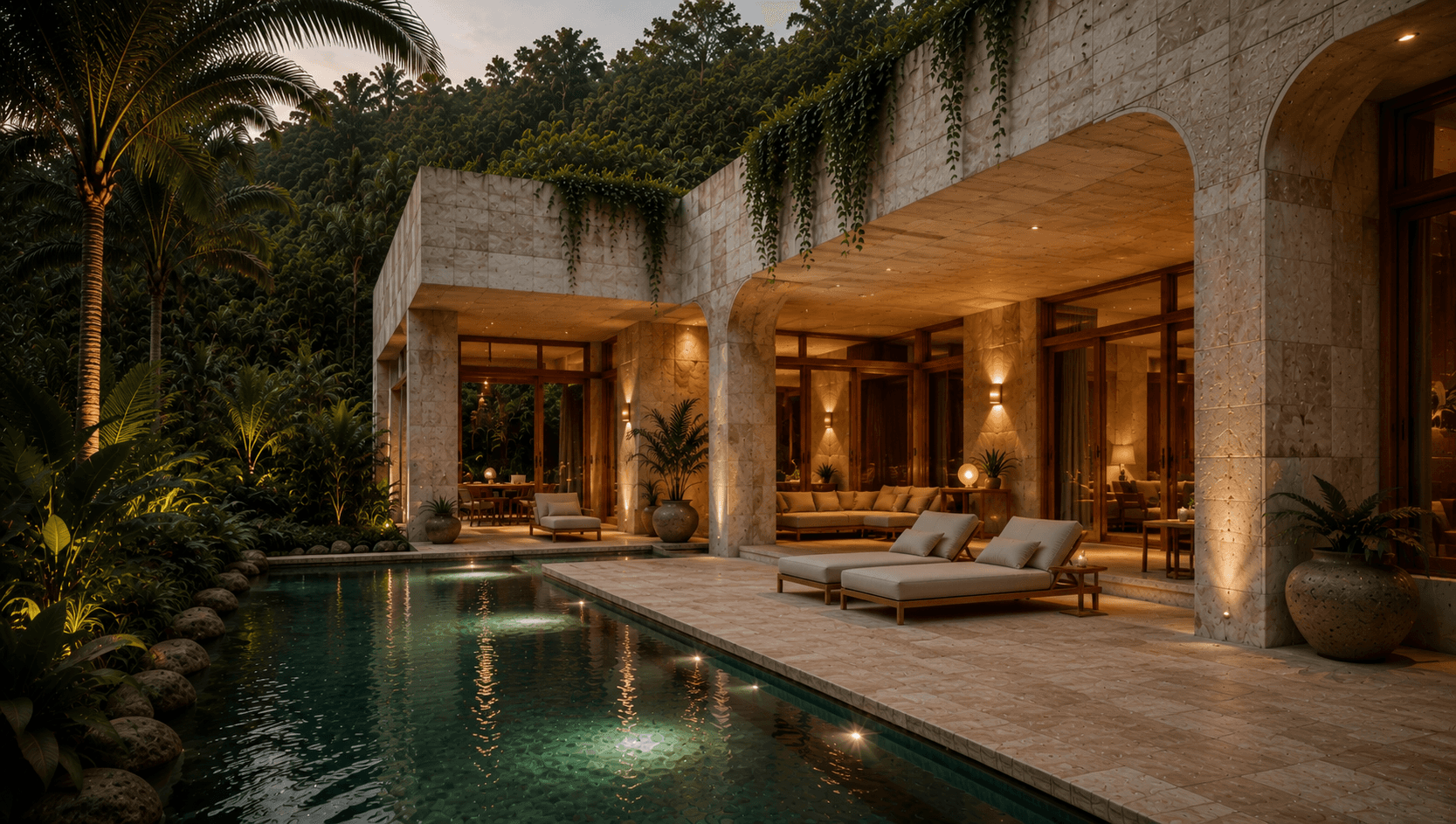 Tropical luxury villa with stone architecture and pool