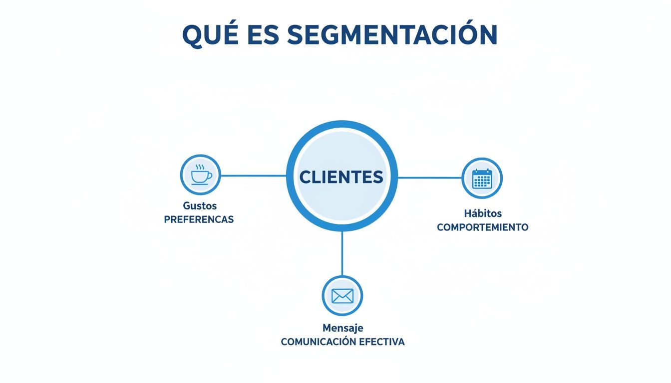 Diagrama de segmentación de clientes mostrando gustos, preferencias, hábitos, comportamiento y comunicación efectiva.
