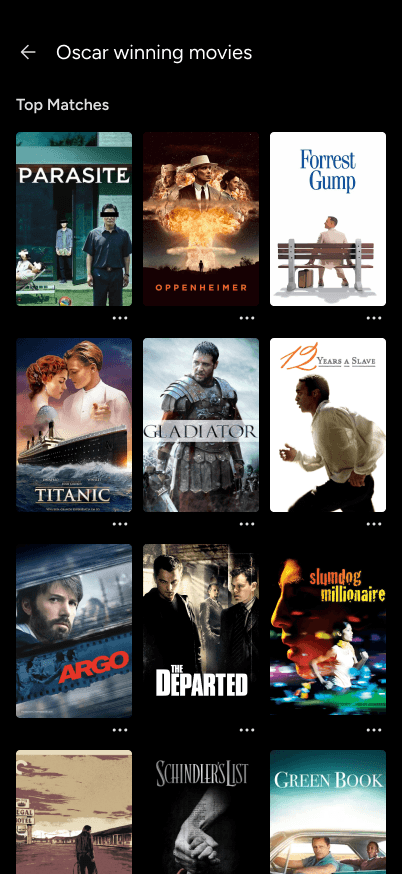 A curated gallery of search results for specific category queries like "Oscar winning movies"