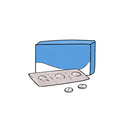 An illustration of a pill blister packet next to a blue box.