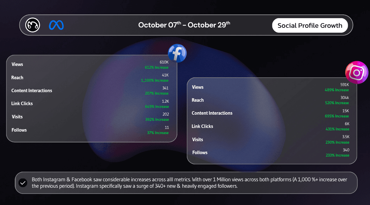 Social profile growth metrics on Instagram and Facebook, showing over 1 Million Views combined, a 1,100% Increase in Reach on Instagram, and a 233% Increase in Follows (340 new followers), demonstrating successful Meta advertising for artist audience growth.
