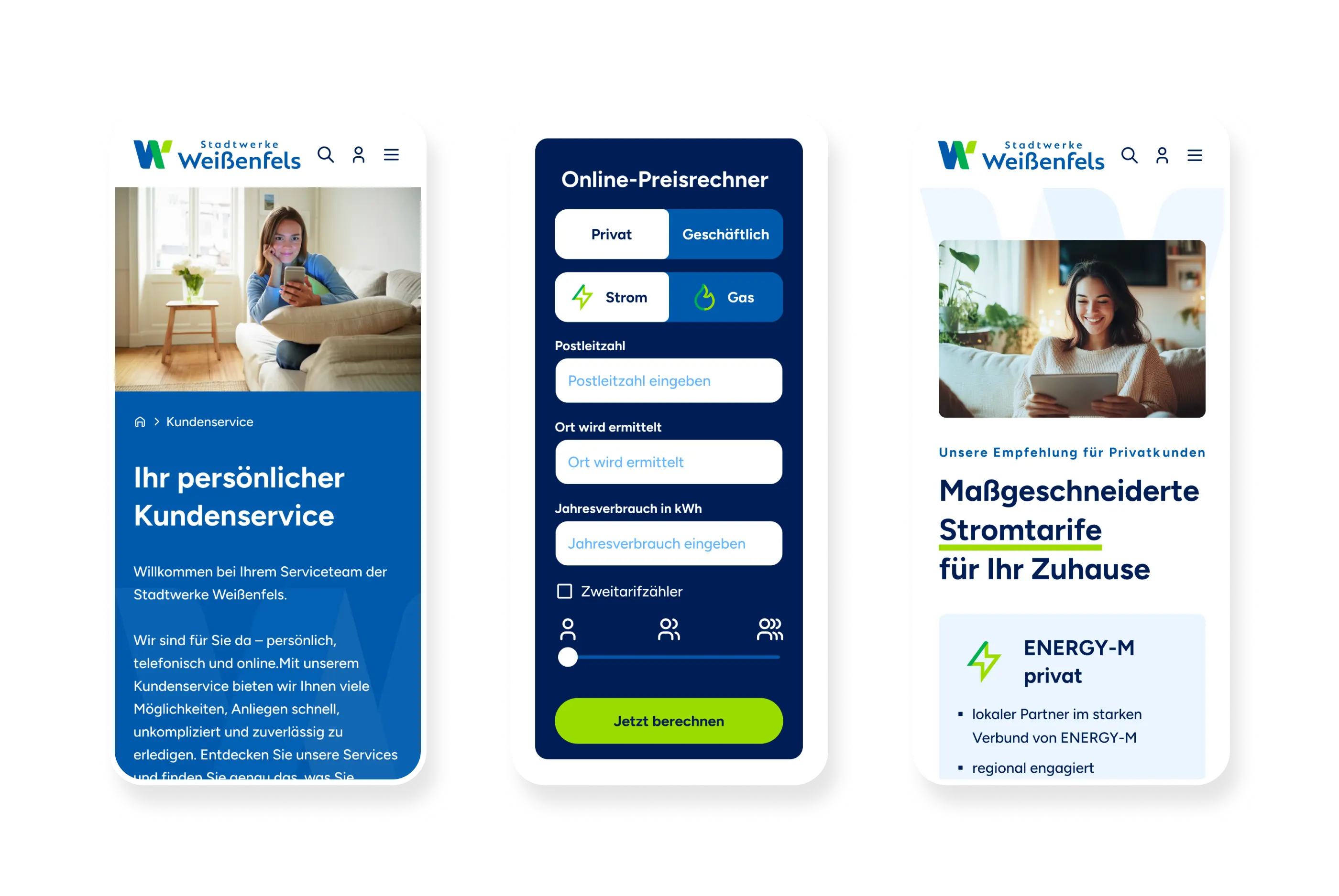 Mobile Ansicht einiger Seiten der Website auf dem Smartphone