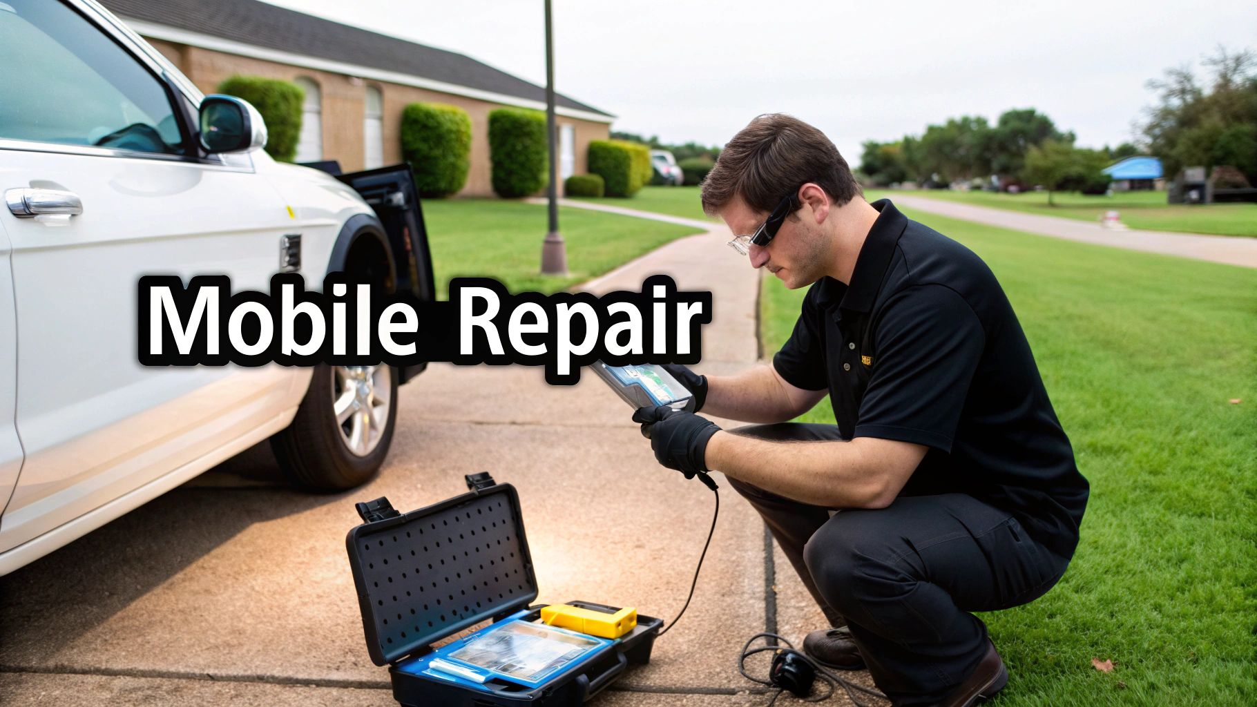 A mobile repair technician with diagnostic tools works on a white car in a residential driveway.