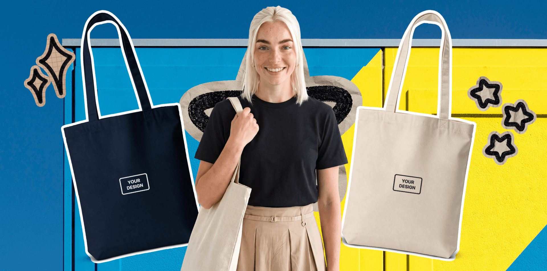 Woman carrying a custom cream tote bag beside navy and natural tote bags with logo placement examples.