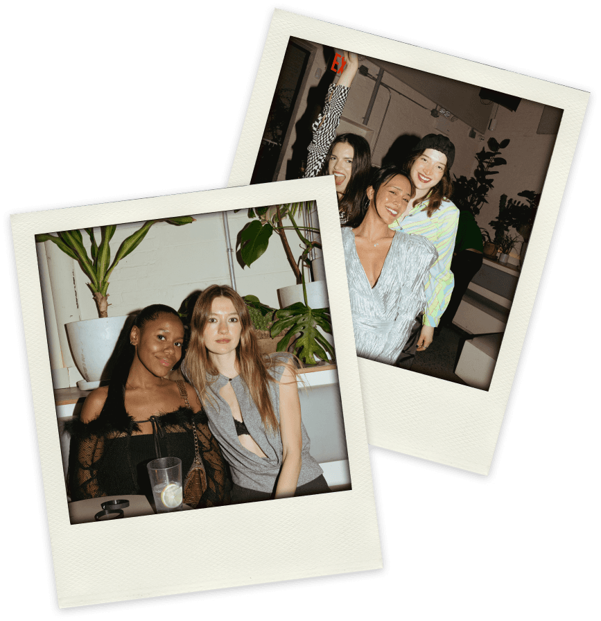 Two polaroid-style photos: one of a group of friends together, and another of a colorful cake celebration.