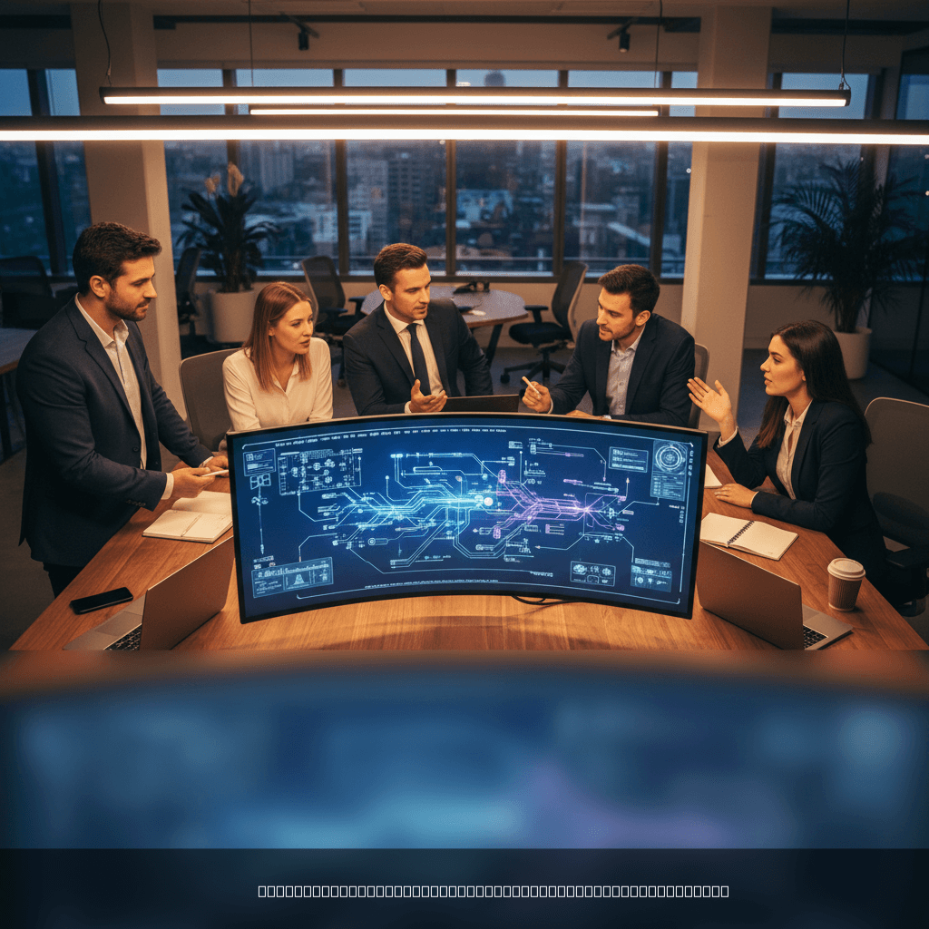 Technical team collaborating on AI product development architecture and data pipeline design