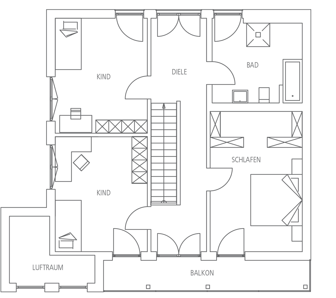 Grundriss mit zwei Kinderschlafzimmern, einem Schlafzimmer, Diele, Bad, Luftraum und Balkon.