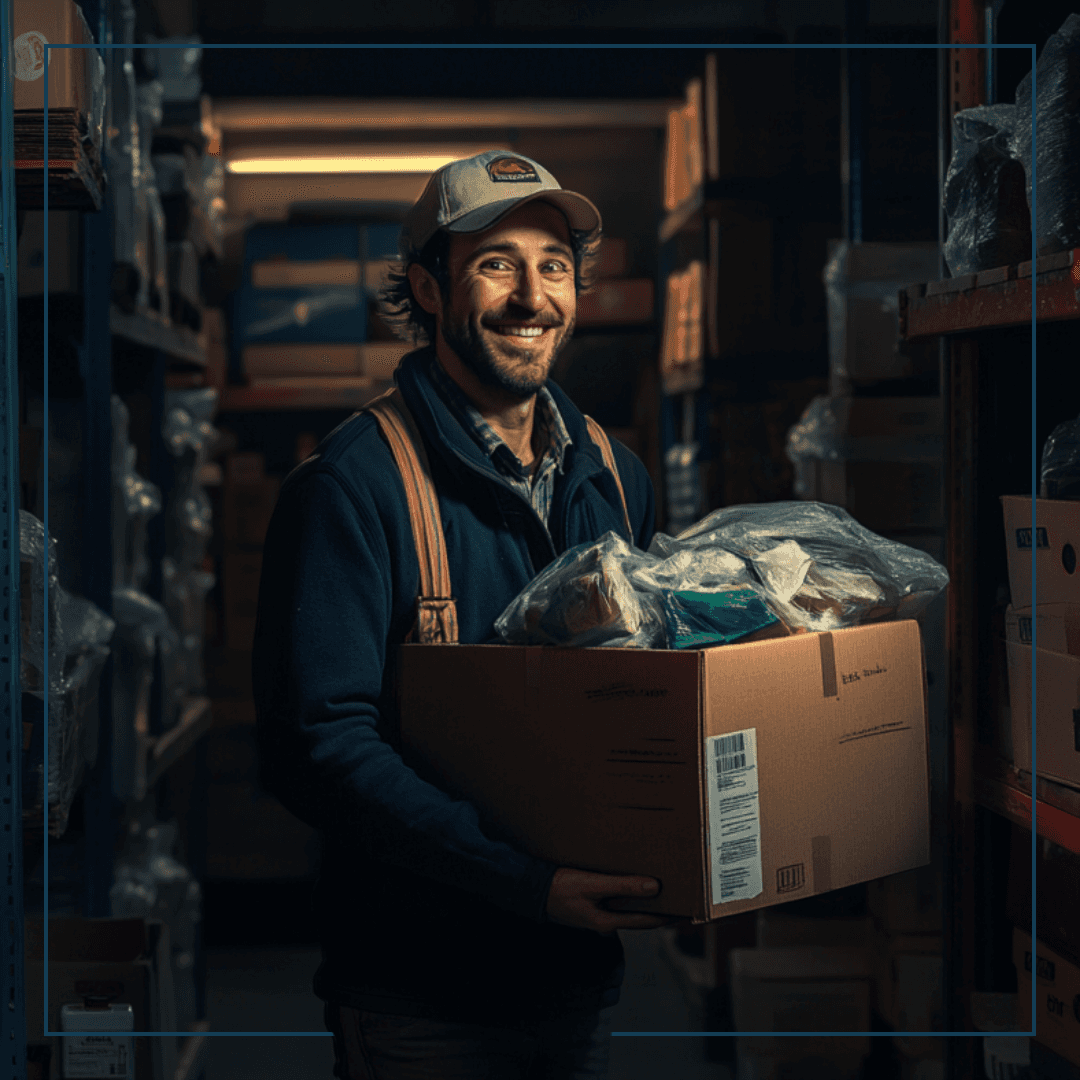 Ein glücklicher Lagerarbeiter mit einer Schachtel in der Hand
