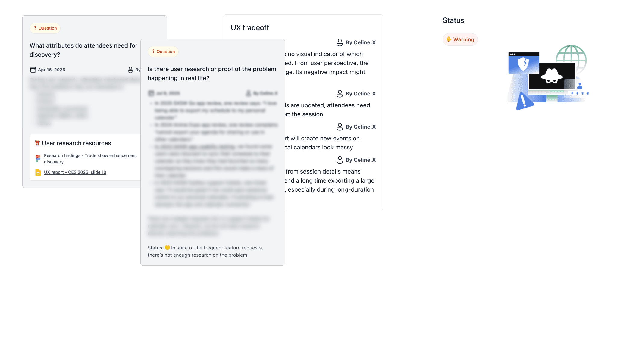 Research cards documenting open usability questions, referenced research links, UX tradeoffs, and status indicators showing evidence gaps and assumptions used in decision-making.