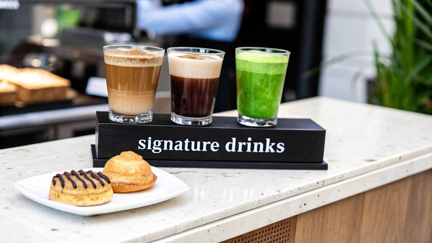 Three signature layered drinks and two pastries displayed on a clean coffee shop counter.