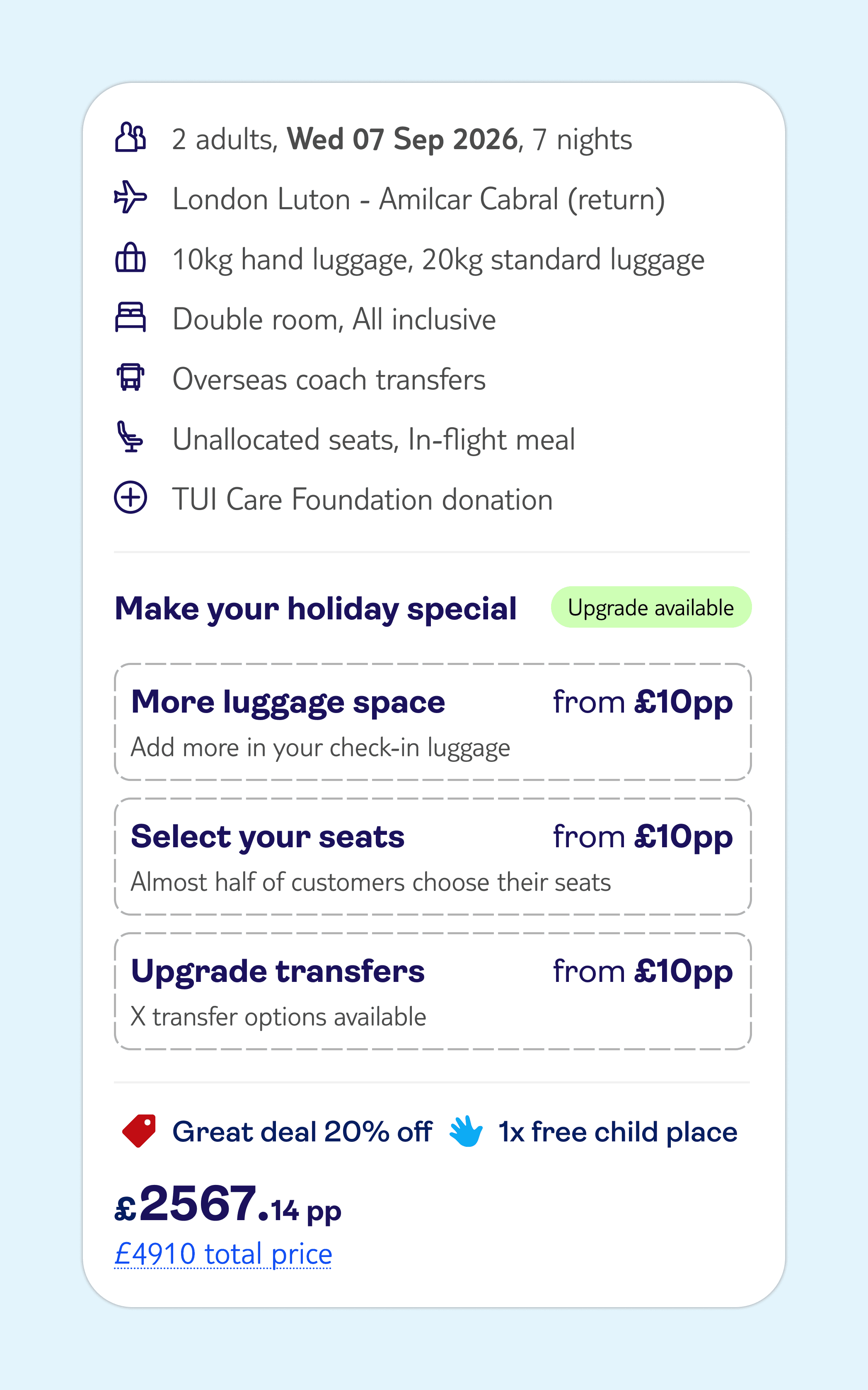 A idea for the 5th variant, showing holiday extras a user can add via the holiday summary.