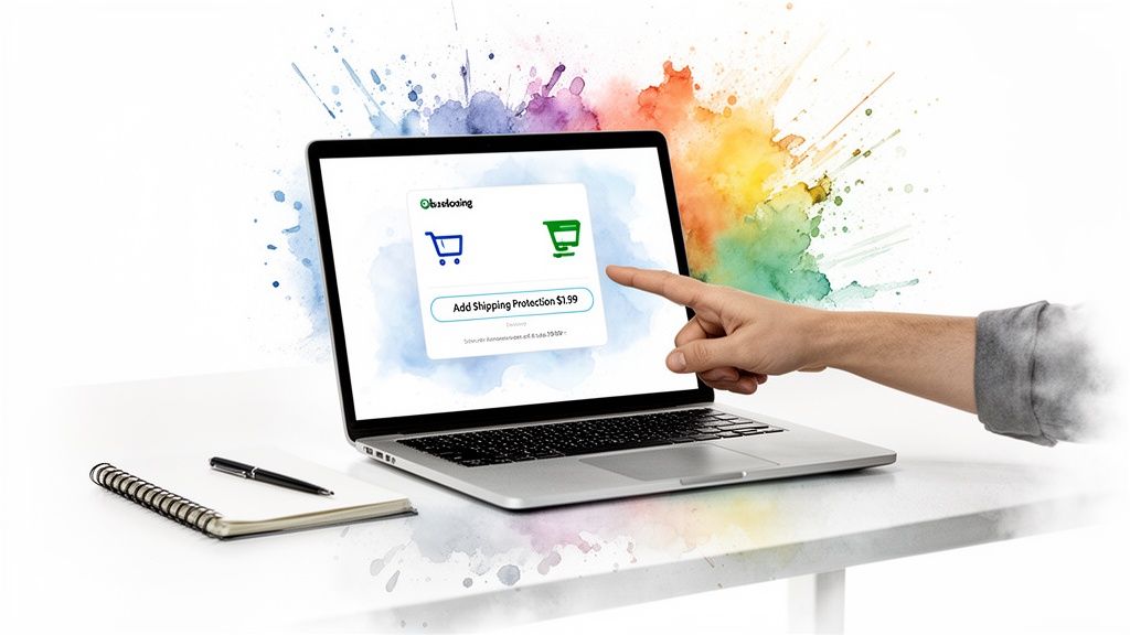 A hand points at a laptop screen showing an option to add shipping protection for $1.99 during online checkout.
