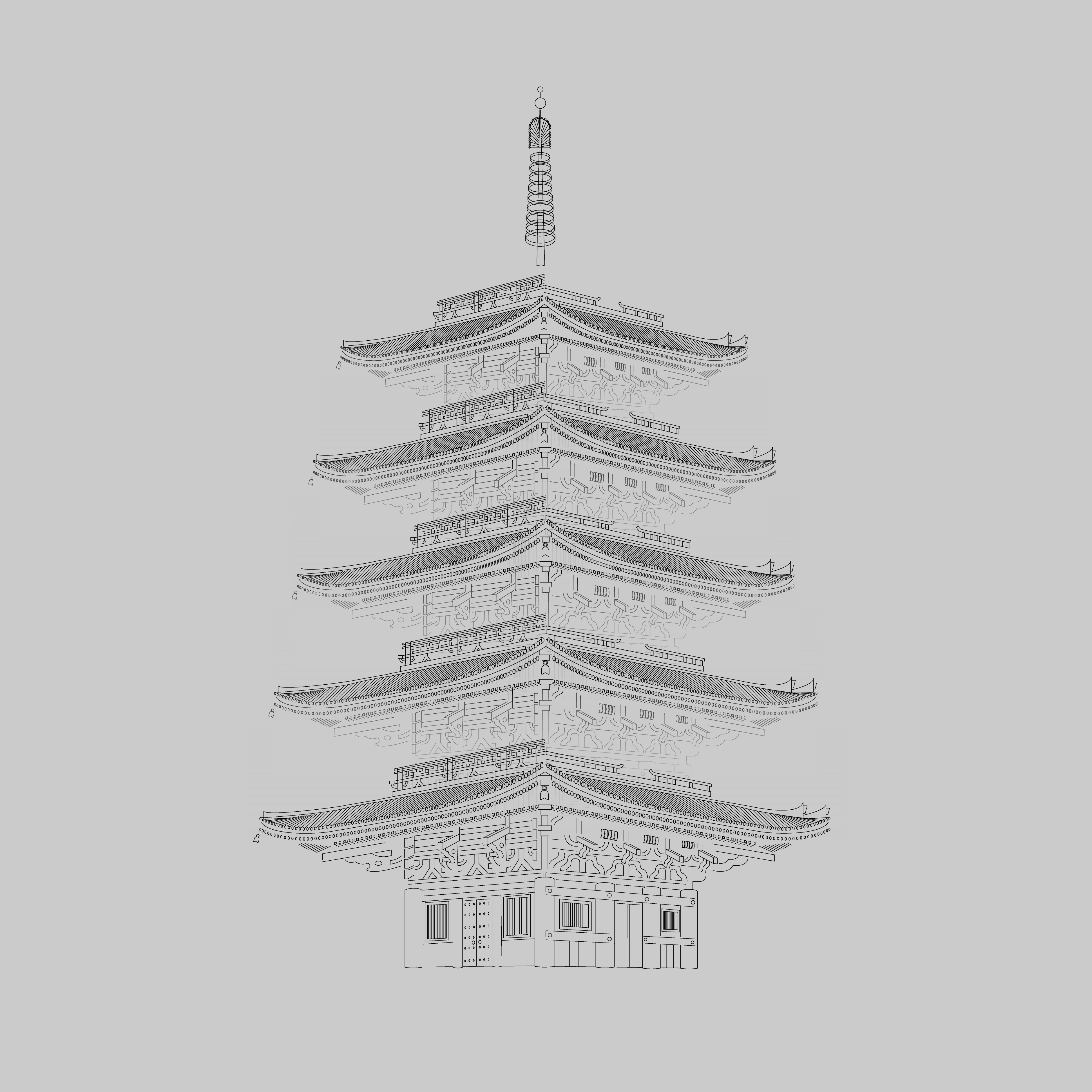 Line drawing of the pagoda used in the Ki No Bi Osaka Expo 2025 limited edition packaging.