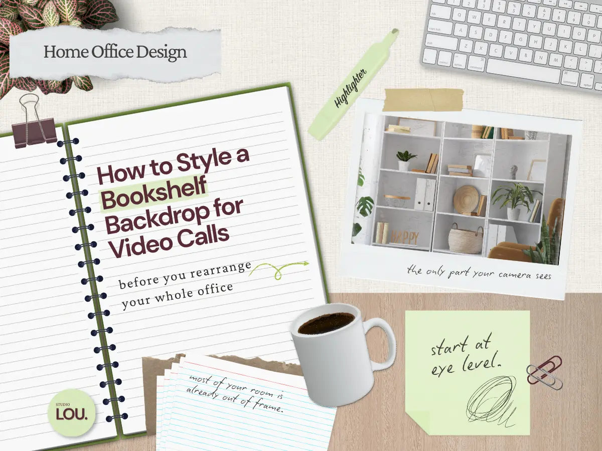 Papercraft flat lay for the Studio Lou blog post How to Style a Bookshelf Backdrop for Video Calls, with a notebook, coffee, and a styled white bookshelf.