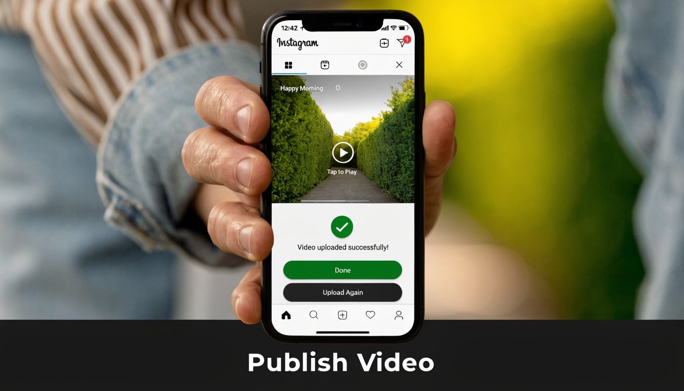 A hand holds a smartphone displaying a successful video upload confirmation message on the Instagram application interface.