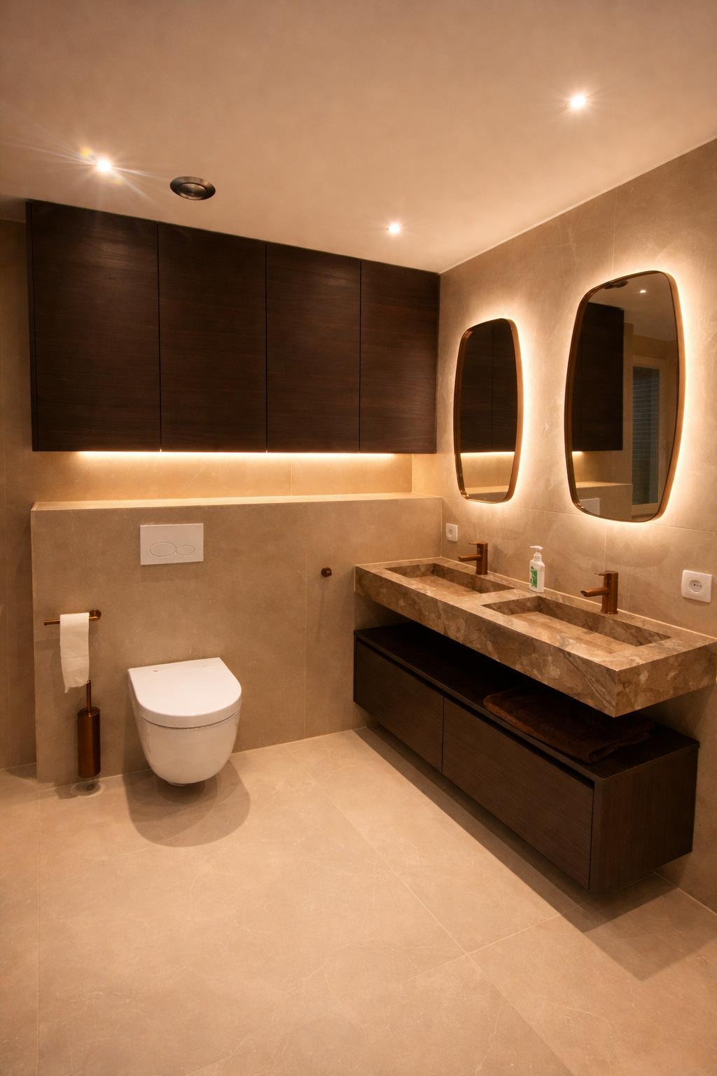 Modern living room with abstract art, beige sectional sofa, indoor plants, and large windows.