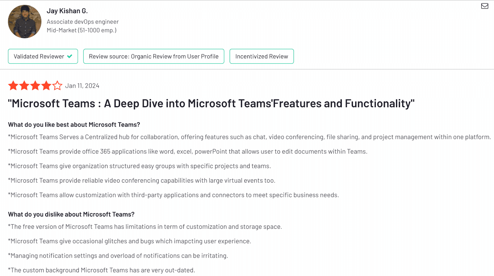 A positive review of Microsoft Teams on G2