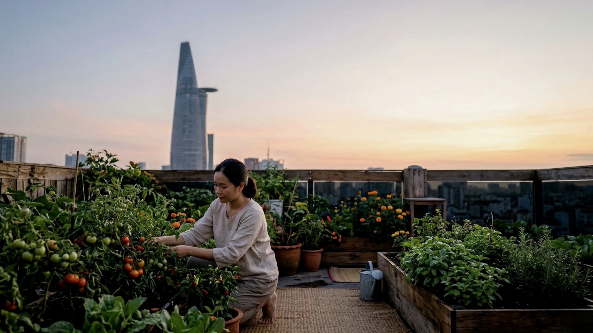 A Vietnamese woman kneeling and mindfully harvesting tomatoes in a lush rooftop garden in District 2, HCMC, at sunset. The Bitexco Financial Tower is softly visible in the distant skyline. The image represents personal growth, resilience, and the 'peace within the chaos' of the city, symbolizing a restorative individual therapy environment.