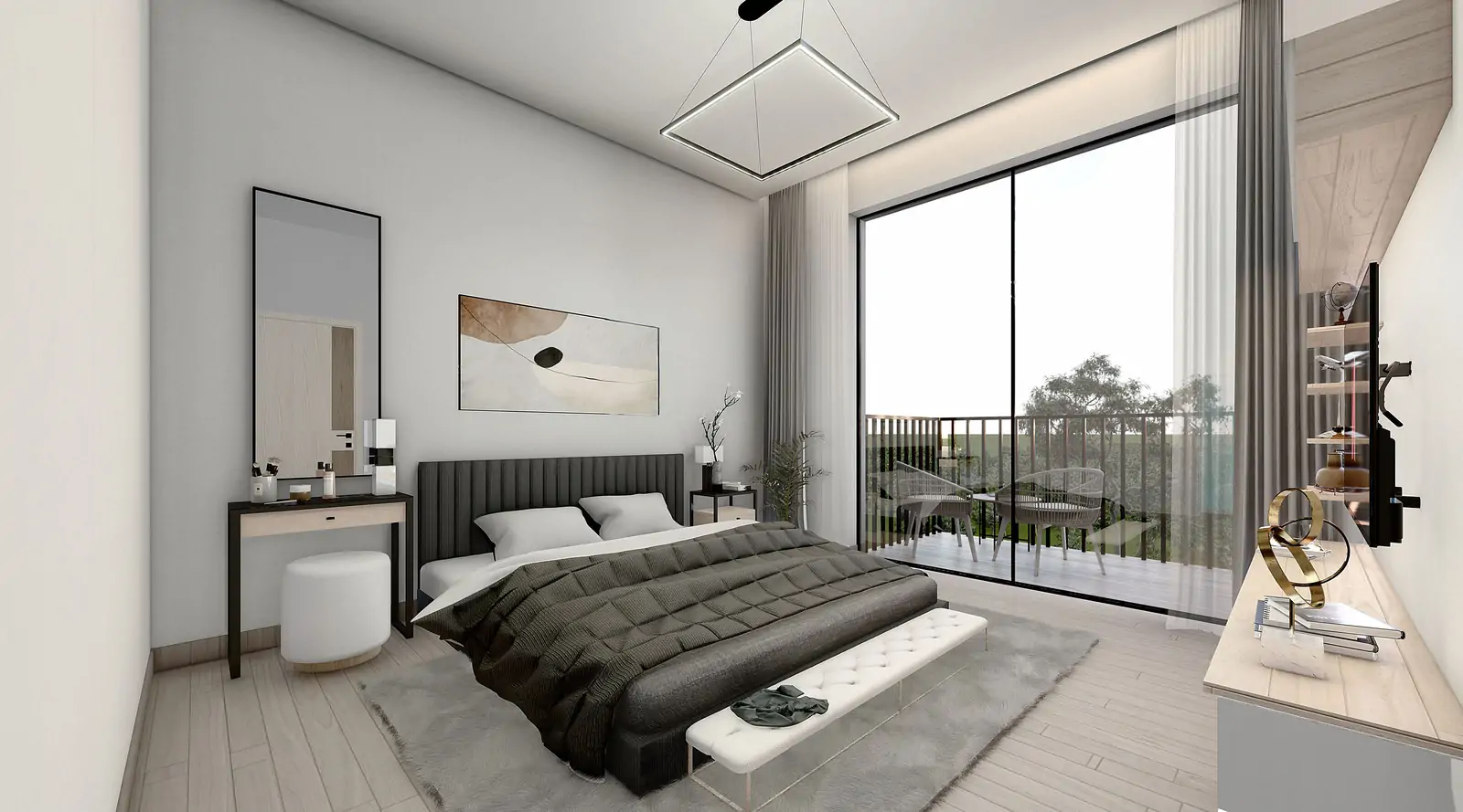 Park Lane 2 bedroom interior with natural light and modern finishes — luxury living in JVC Dubai. Buy Dubai apartments with crypto through Tylt Real Estate.