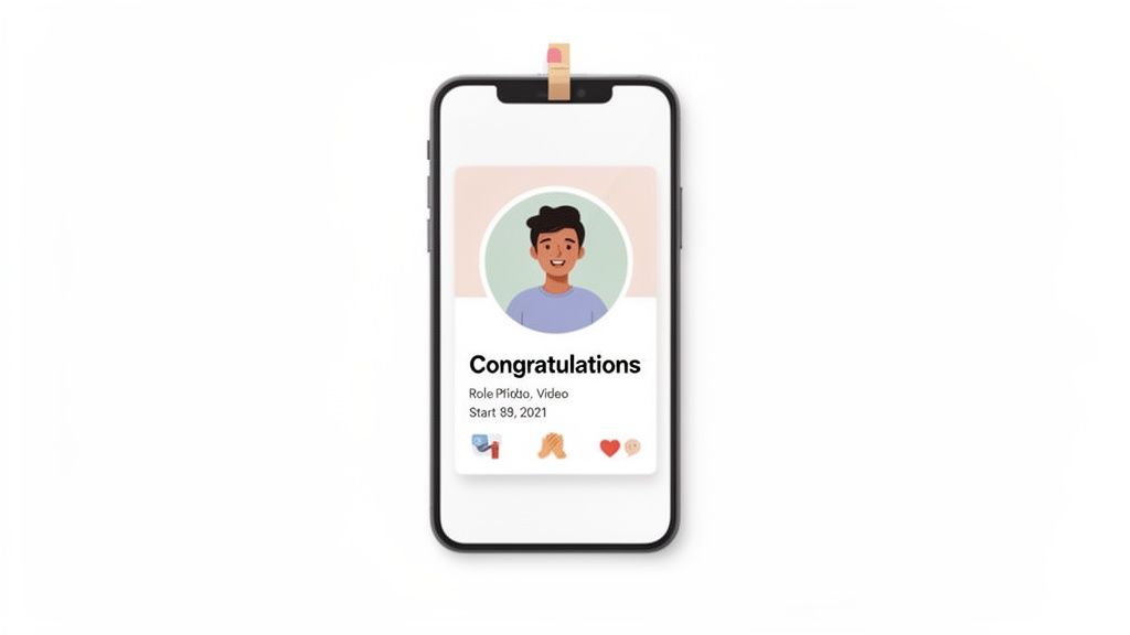 A smartphone displays a 'Congratulations' message on an app for a new job role.