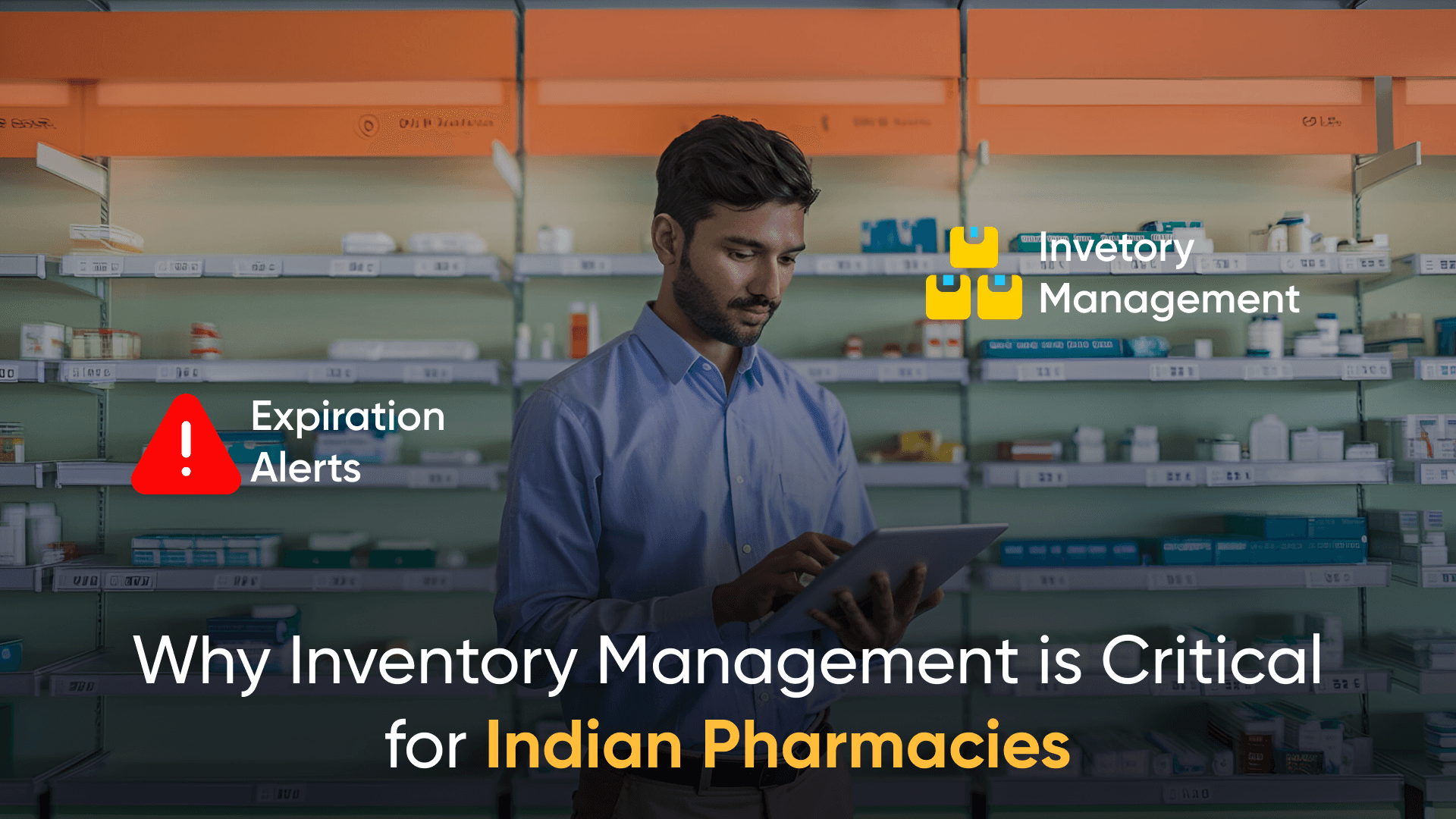 Pharmacist managing inventory with expiration alerts using a digital tablet in a modern Indian pharmacy. Inventory management for Indian pharmacies, Real-time inventory monitoring India, Regulatory compliance in pharmacy operations