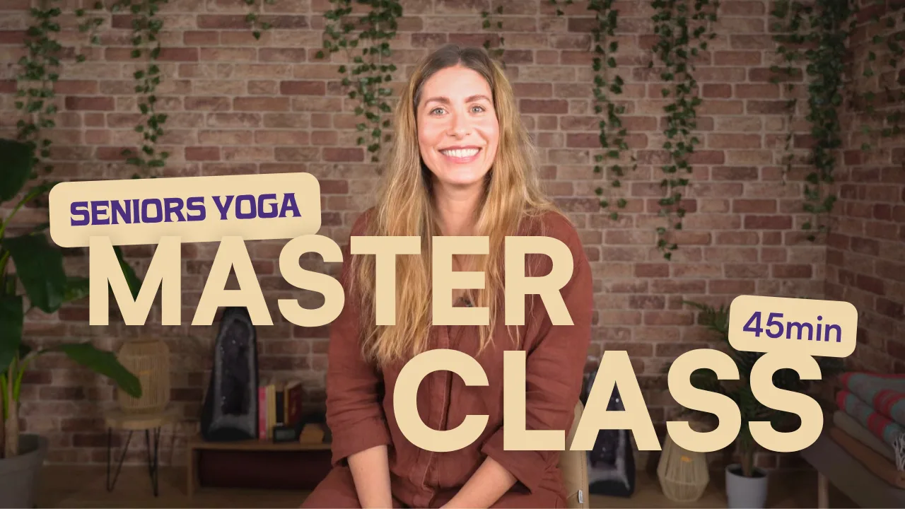 Illustrated figure in a yoga balance pose with abstract shapes – Movement Wisdom blog on why seniors yoga training is essential for every modern yoga teacher