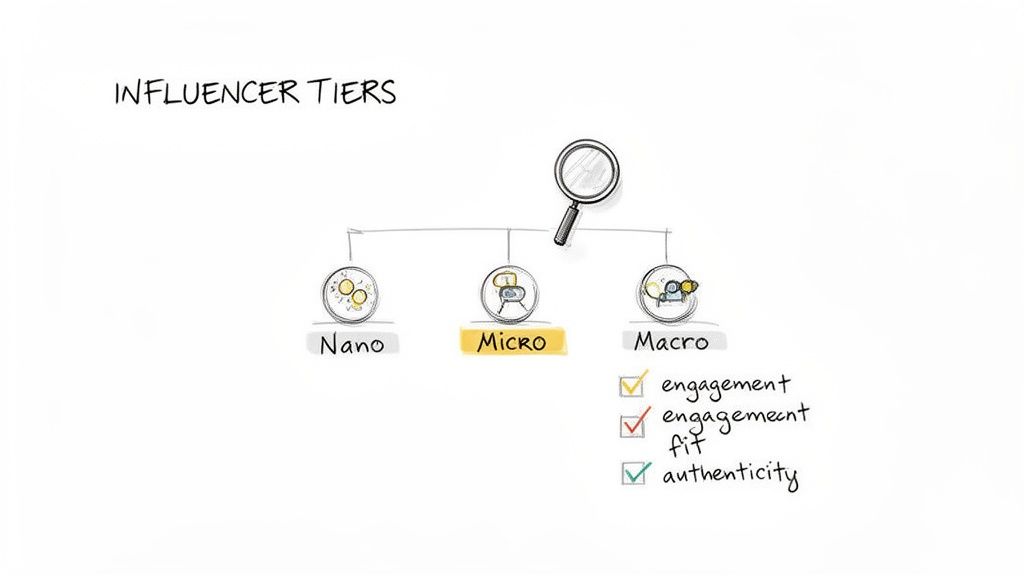 Diagram illustrating influencer tiers: Nano, Micro, and Macro, with criteria like engagement, fit, and authenticity.