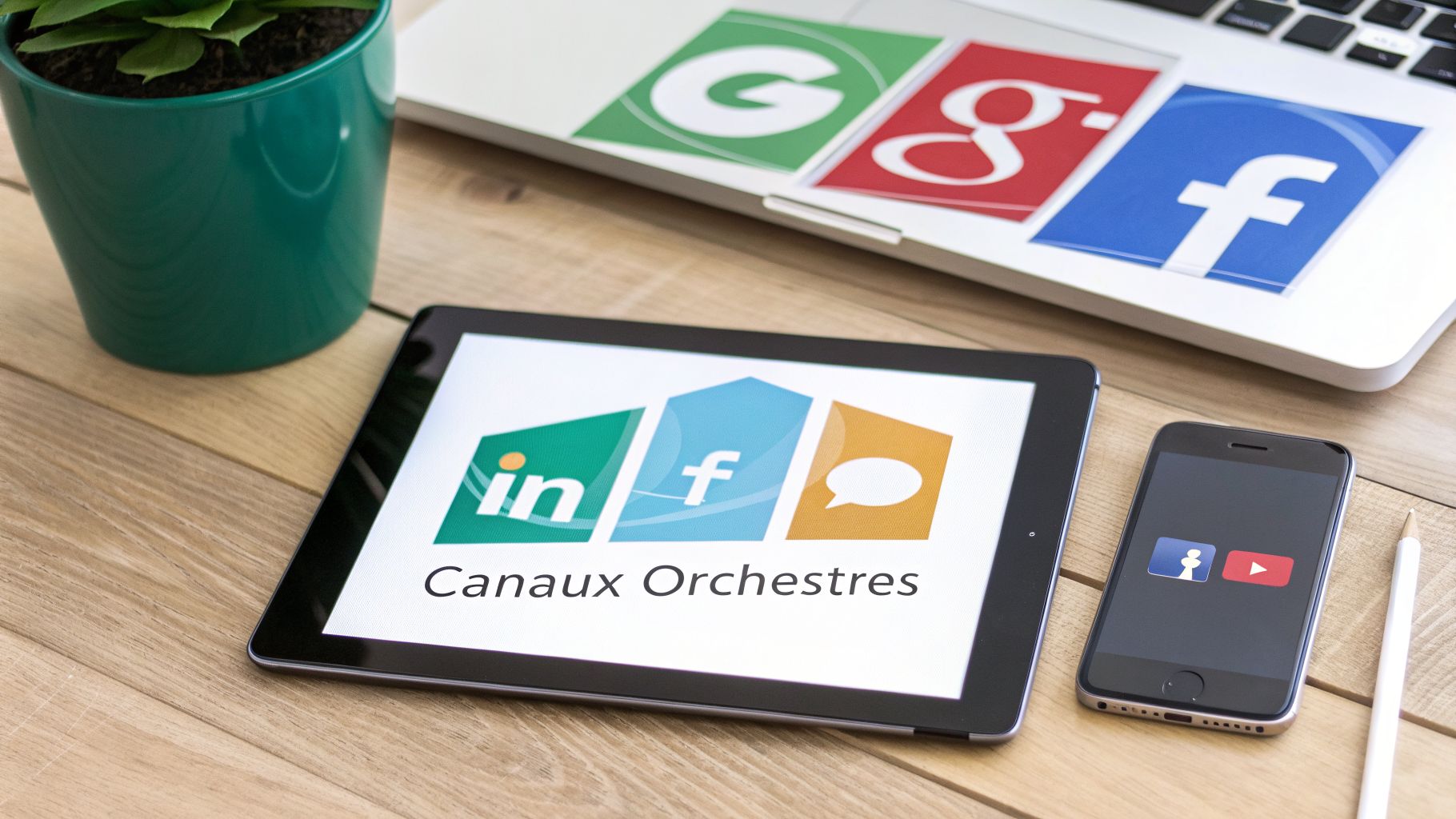 Vue de dessus d'un bureau en bois avec ordinateur portable, tablette, smartphone, plante et crayon, représentant le marketing digital.