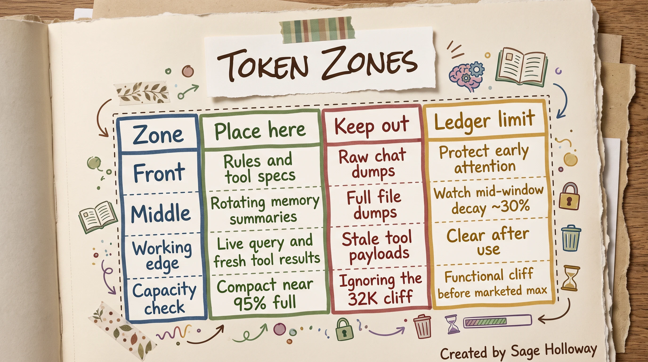 Table matrix placing rules tools memory and query into token zones of an agent window