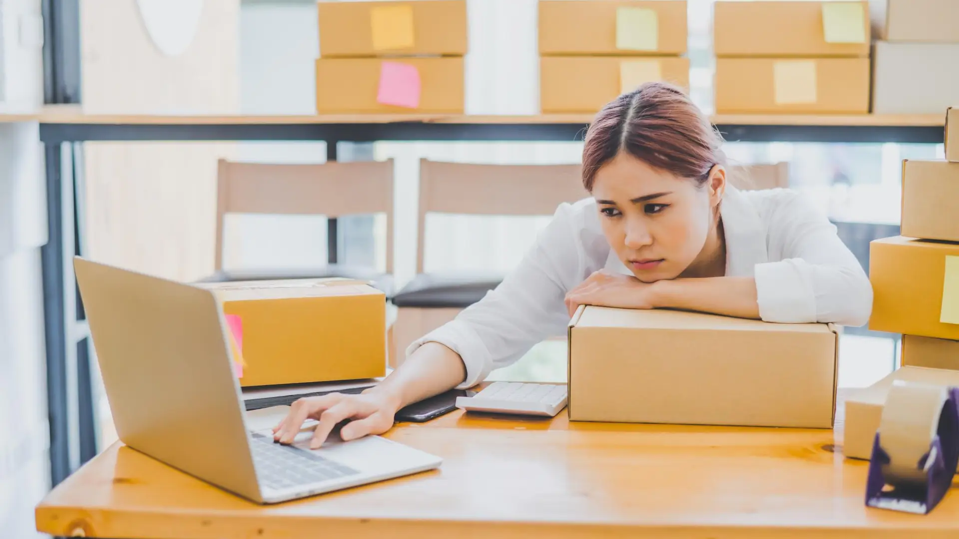 Stressed brand manager overwhelmed by TikTok Shop fulfillment, facing shipping deadlines and potential account penalties.