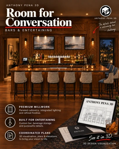 Concept bar cover with wood paneling, two screens and a wraparound serving counter.