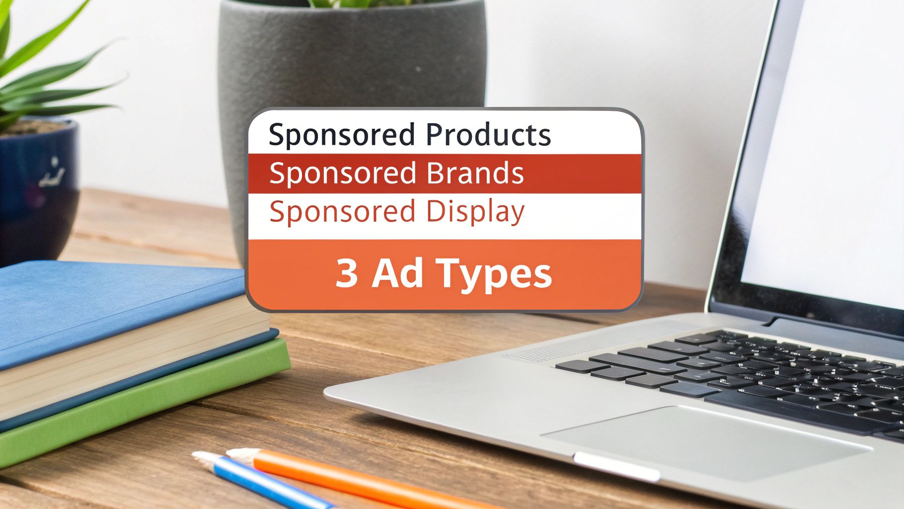 A graphic listing three Amazon PPC ad types: Sponsored Products, Sponsored Brands, and Sponsored Display, on a desk.