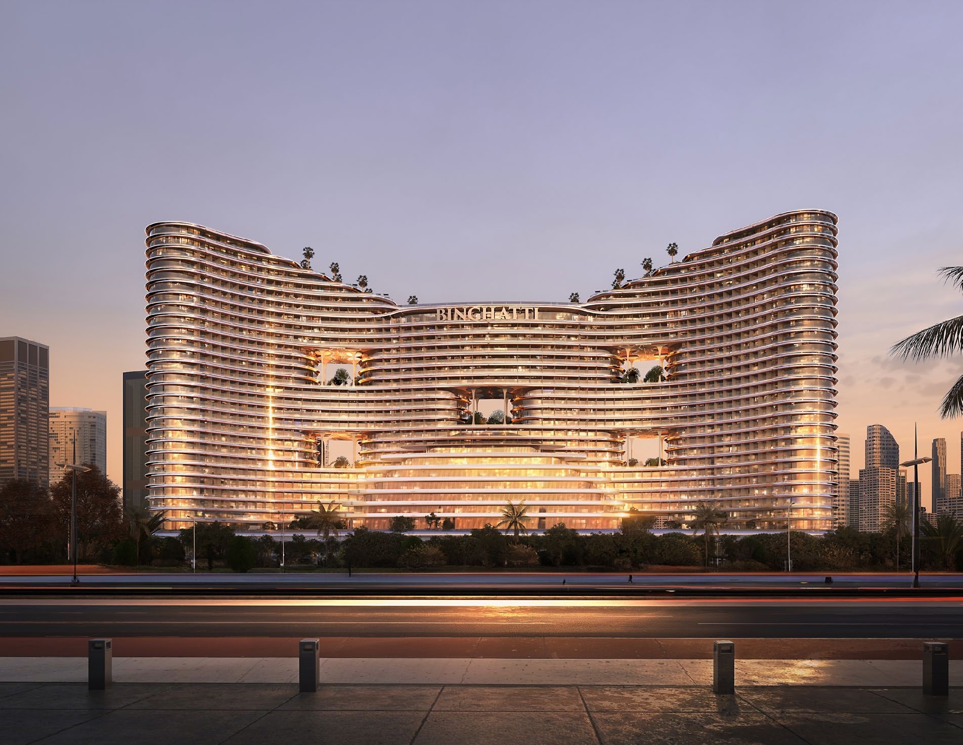 Terrace and outdoor lounge at Binghatti Aquarise Dubai — skyline view and leisure amenities. Explore real estate investments with crypto on Tylt.