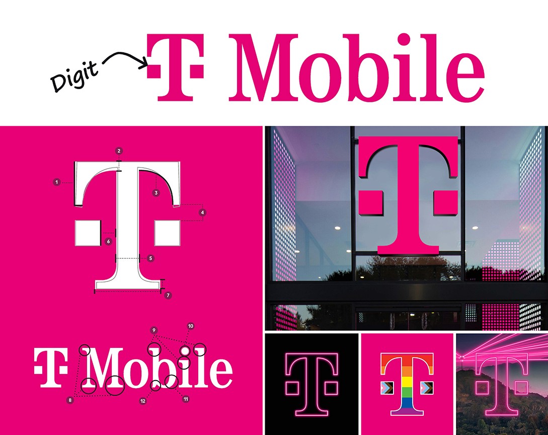 The T-Mobile logo, featuring bold pink and white lettering flanked by two minimalist squares—or "digits"—serves as a striking and iconic symbol of the brand.