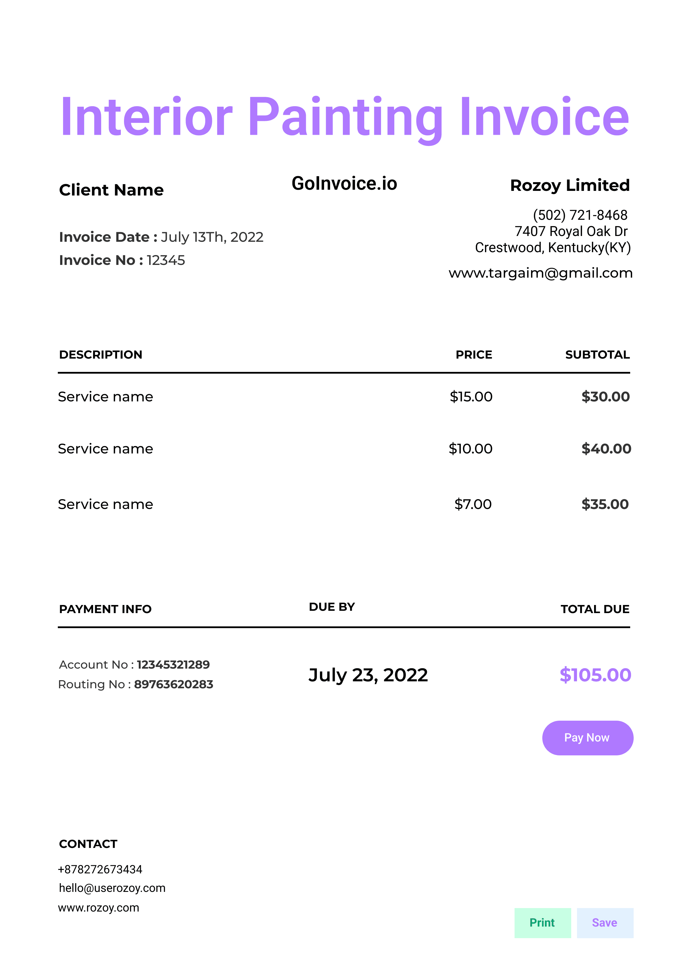 Interior Painting Invoice