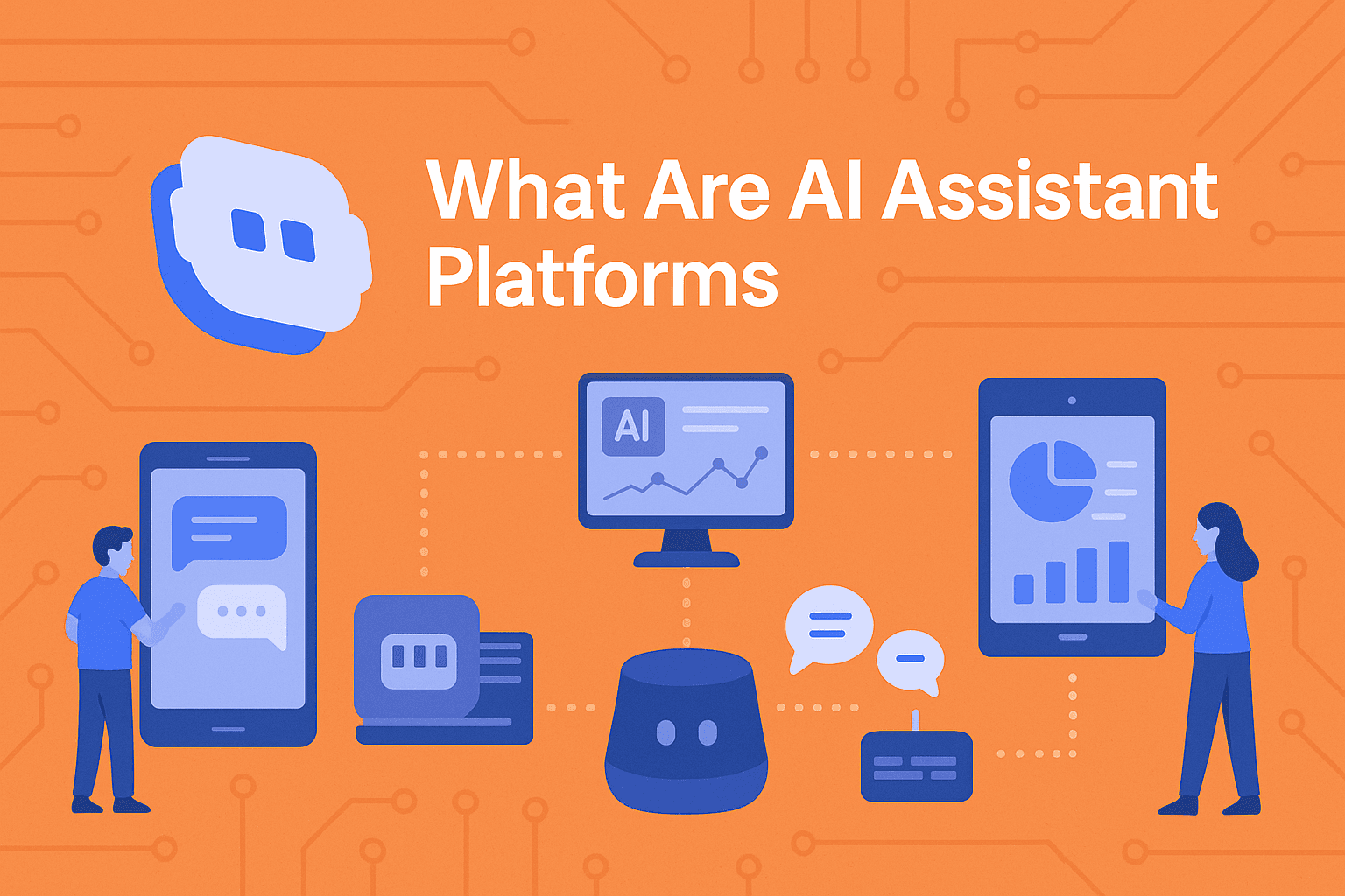Flat illustration on an orange background with circuit board patterns. The Botstacks blue and white chatbot logo appears in the upper left with "What Are AI Assistant Platforms" text beside it. Below, a connected ecosystem shows various blue devices (smartphone, laptop, smart speaker, desktop, tablet) linked by dotted lines. Two simplified human figures interact with devices - one using a mobile chat interface on the left, another viewing analytics on a tablet on the right. The image visualizes an integrated AI assistant platform across multiple devices.
