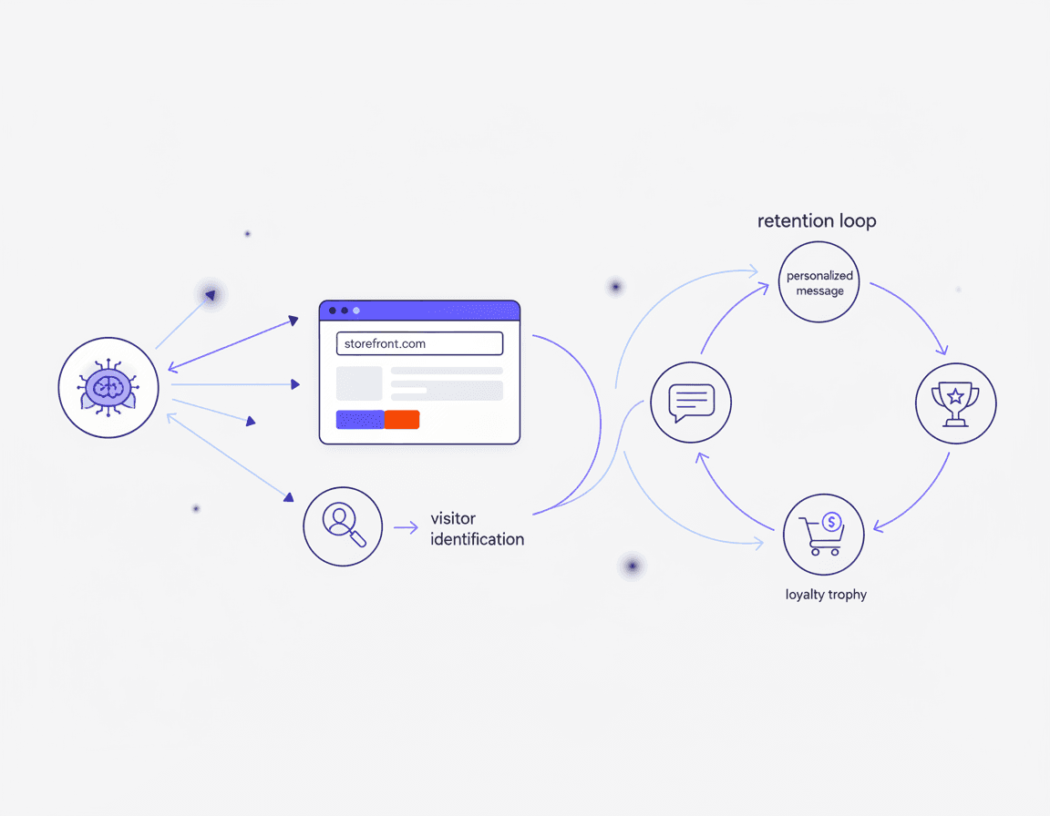 Concept graphic of AI-referred visitors flowing into identification then retention and loyalty cycle