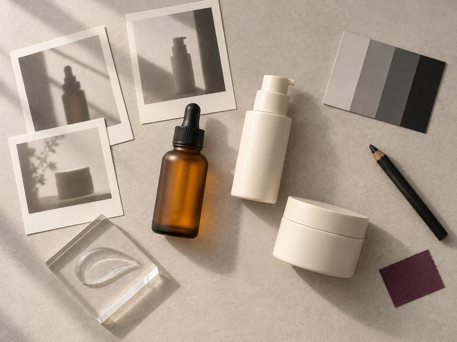 Top-down view of unbranded skincare bottles, jar, blank contact prints, gray card, pencil and gel swatch