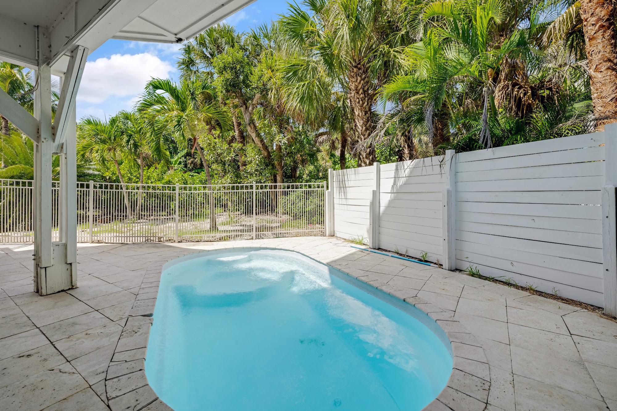Private pool on a walled stone deck surrounded by tropical palms