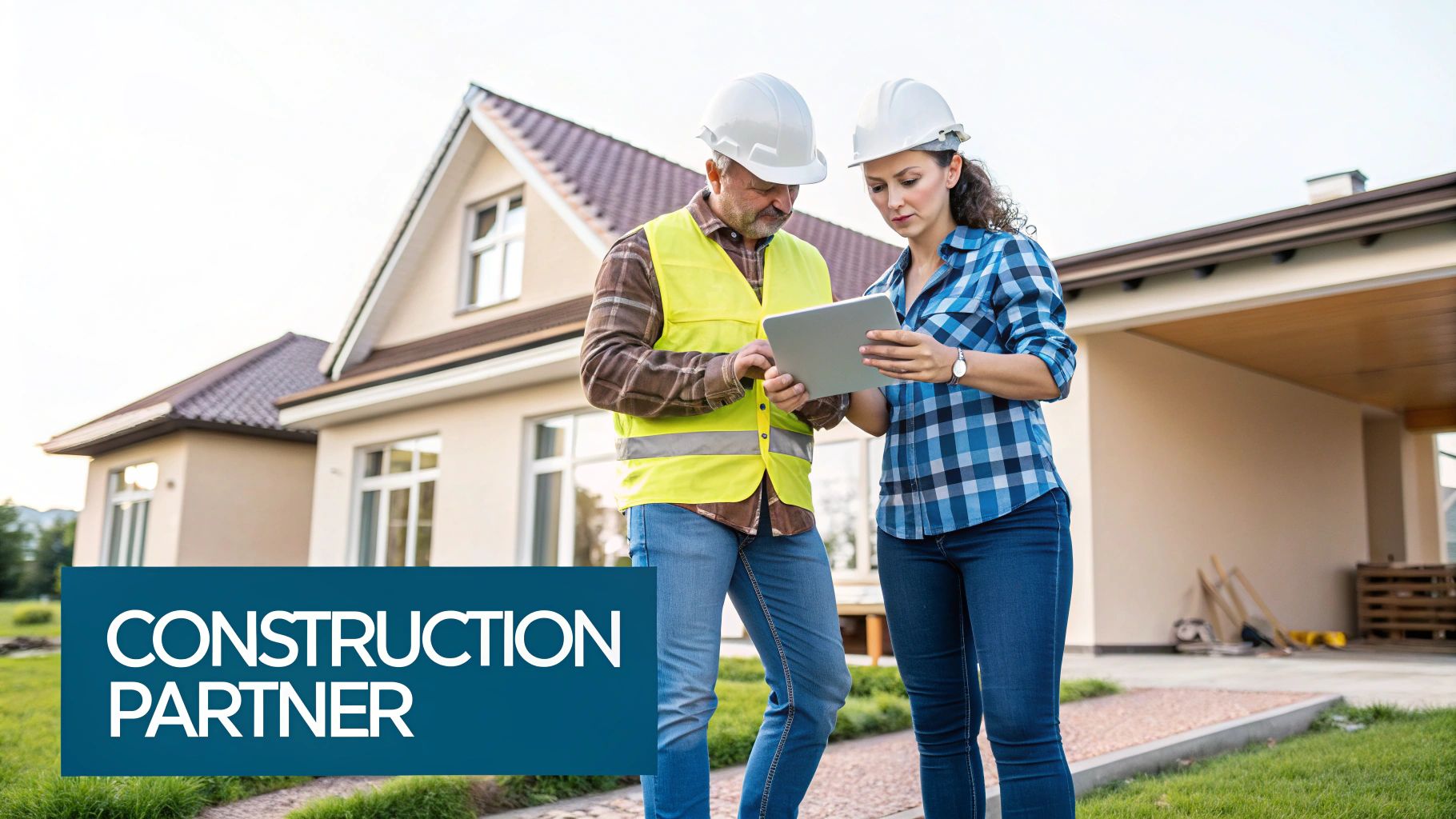 Two construction professionals in hard hats reviewing plans on a tablet at a luxury home remodel site.