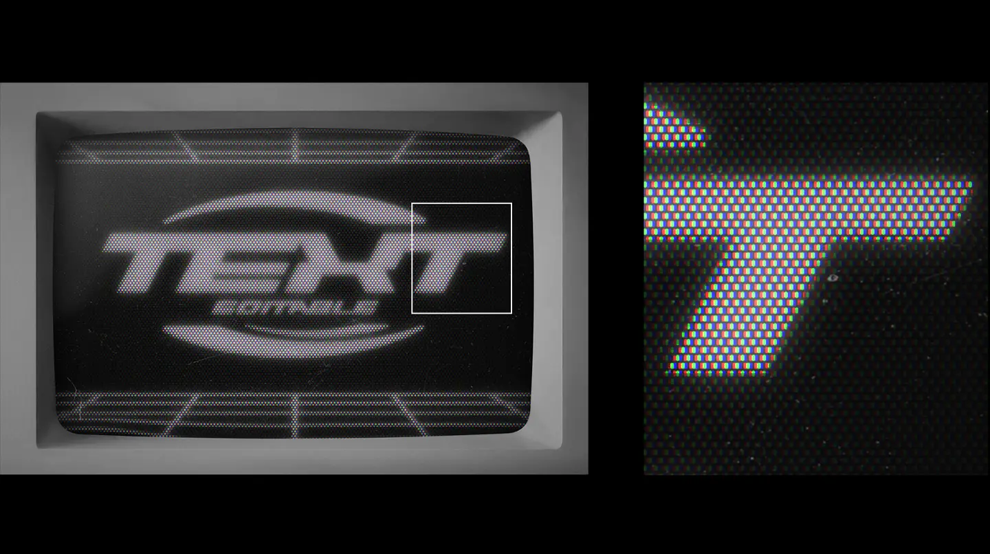 Macro close up of the Retro CRT Monitor Mockup highlighting the RGB subpixel structure and chromatic aberration